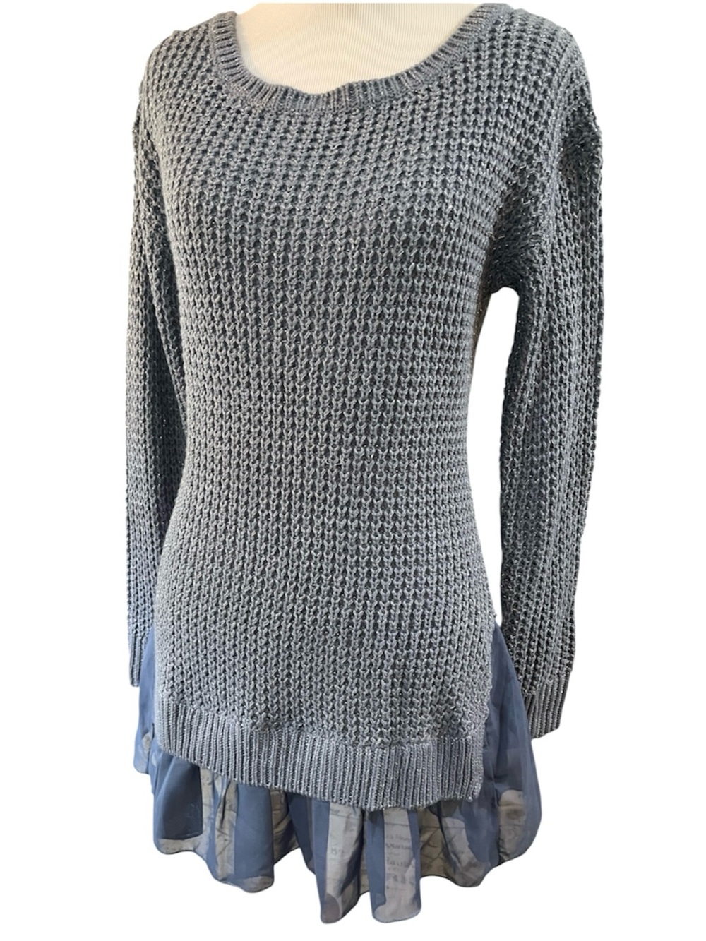 SWEATER PROJECT OVERSIZED KNIT SPARKLY SWEATER WITH PEEK A BOO HEM BLUE SIZE SM